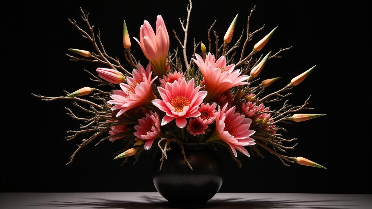 Arrangement floral de luxe avec structure asymétrique dans un vase d'art