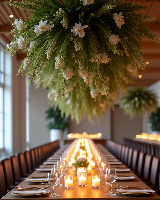 Installation florale suspendue au-dessus d'une table de mariage de luxe