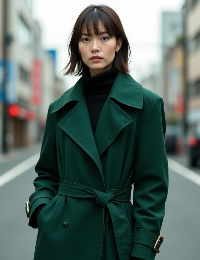 ダークグリーンの赤坂トレンチコートを着たモデル