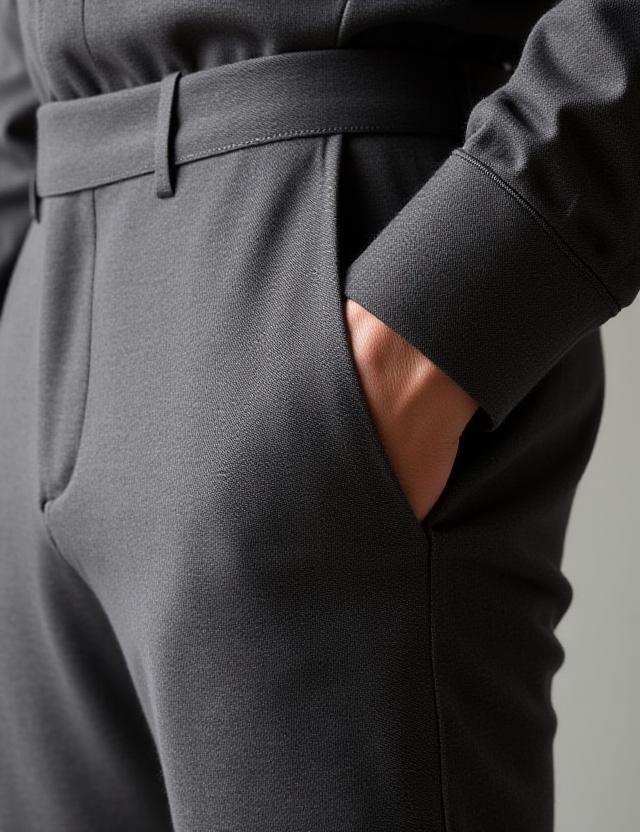 質感のあるグレーの湊ウールトラウザーズのクローズアップ