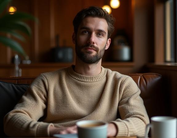 カフェでリラックスするRiku Sailのニットを着た男性