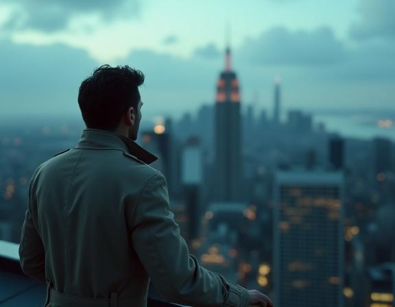 屋上から都市を見下ろすトレンチコートの男性