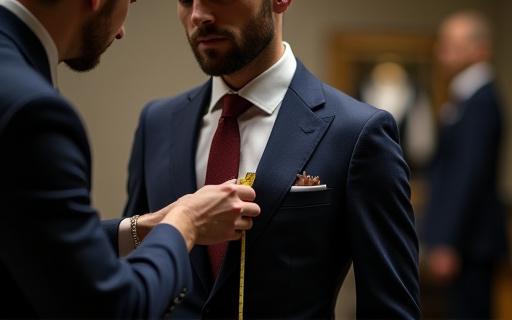 テーラーが顧客の肩幅を測定している